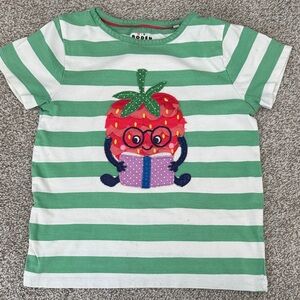 Mini Boden Green & White Striped Strawberry Applique Tee